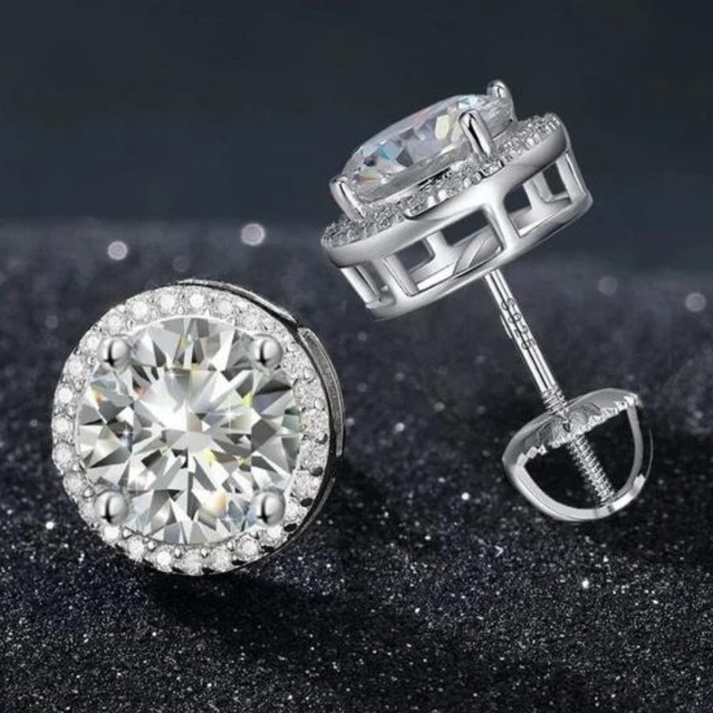Certified 4ct. t.w. Moissanite Diamond Round Halo Stud Earrings NEW - Picture 1 of 13